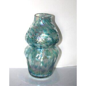 Signed Connie Christopher Iridescent Art Glass Vase Blue Handblown Rainbow 2003
